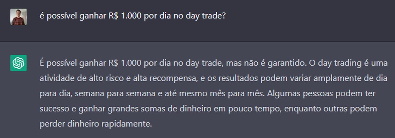 ChatGPT diz que é possível ganhar R$ 1.000 com day trade