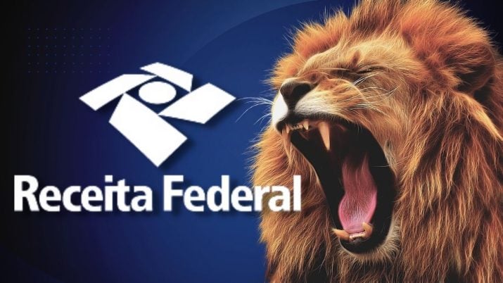 Montagem com um leão abocanhando o logo da Receita Federal