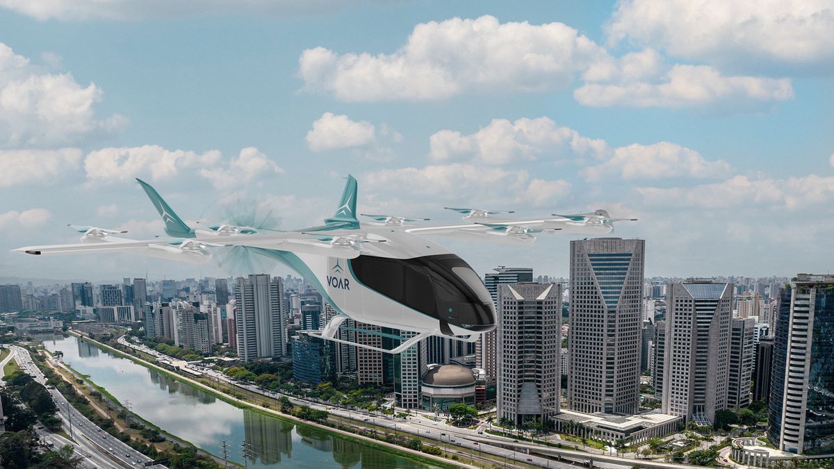 Modelo do "carro voador" (eVOL) da Eve, empresa da Embraer