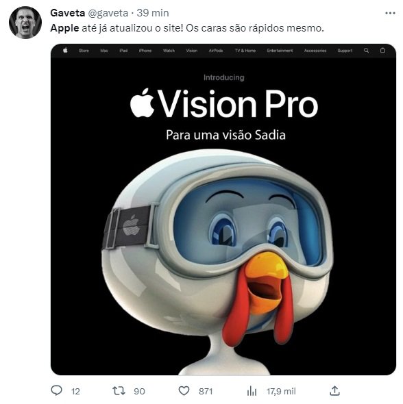 Meme sobre o Apple Vision Pro no Twitter