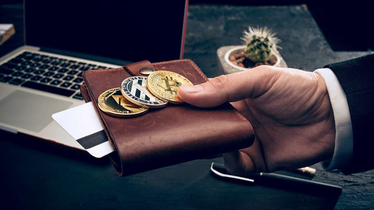 mão segurando carteira e criptomoedas