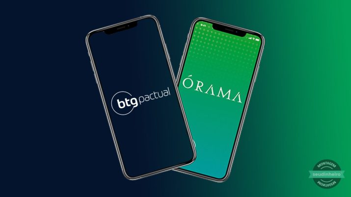 Telas de celular com os logos do BTG Pactual e da Órama