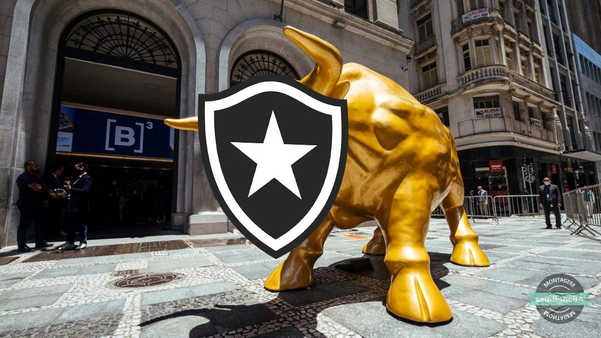 Montagem com escudo do Botafogo na frente da sede da B3