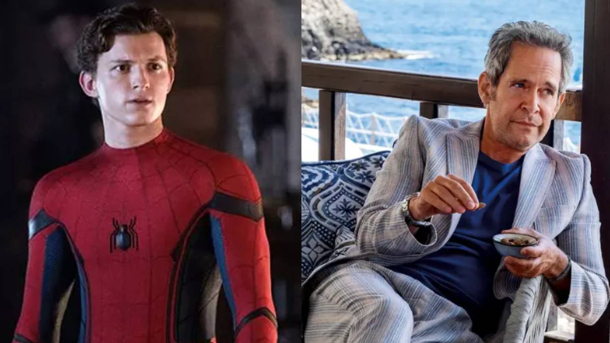 Montagem com o homem aranha e o ator Tom Hollander, da série The White Lotus