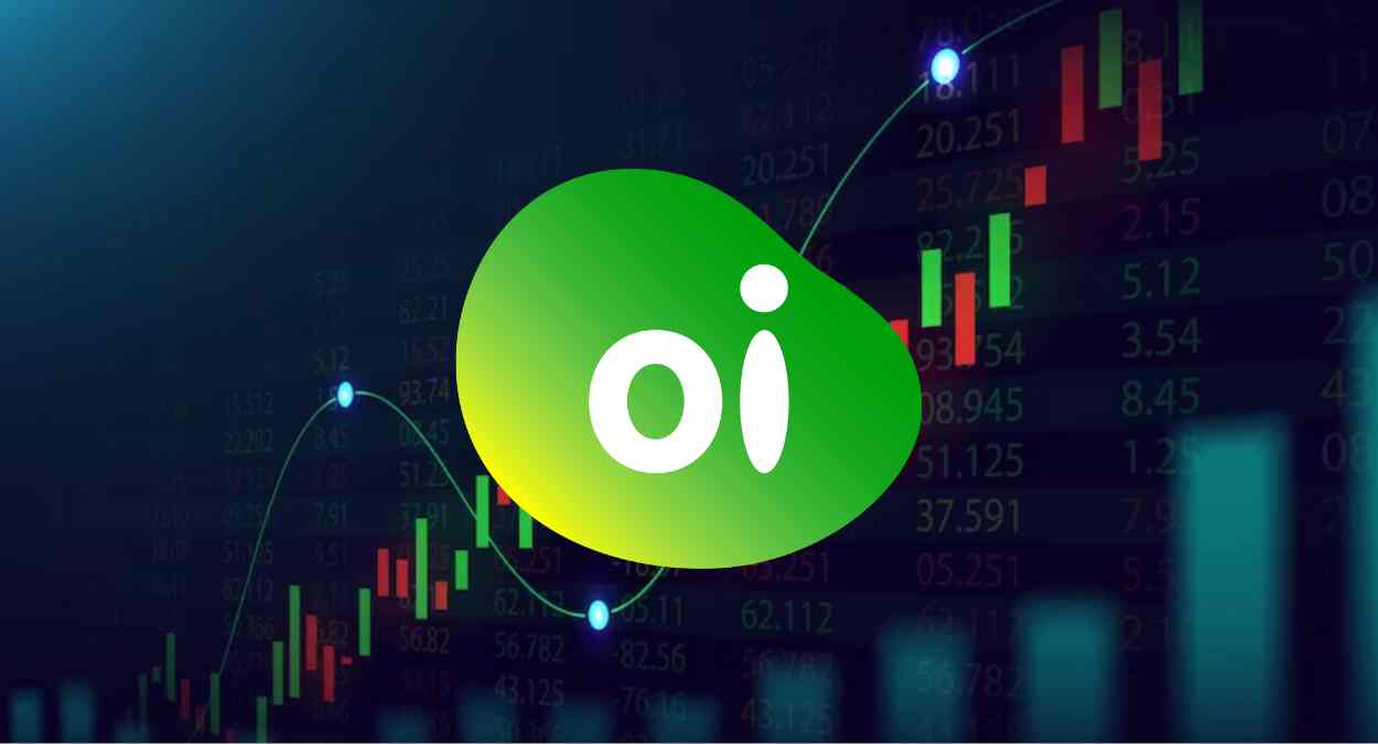 Logo da Oi em verde, com gráfico de alta de ações ao fundo nas cores verde e vermelho