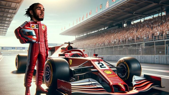 O piloto Lewis Hamilton e um carro de Fórmula 1 da Ferrari