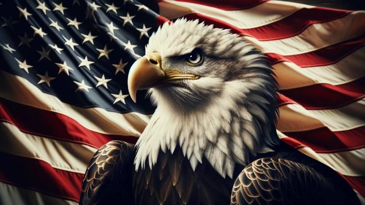 Imagem da bandeira dos EUA com uma águia em primeiro plano
