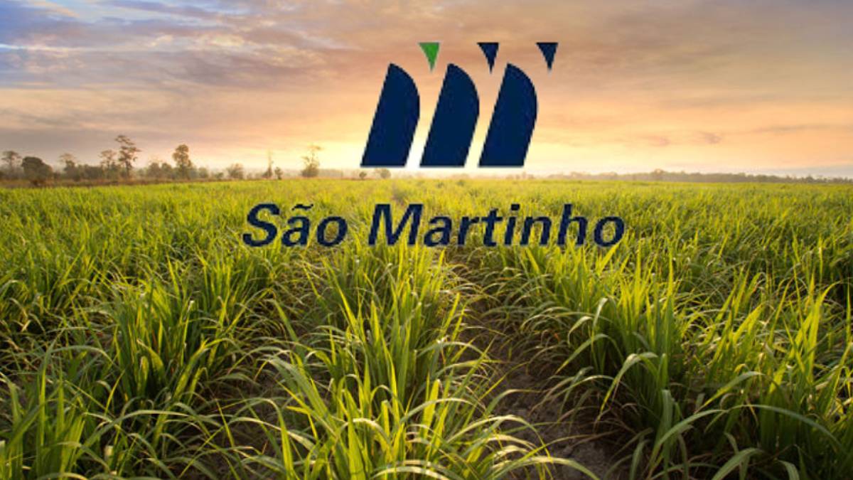 Imagem de um canavial ao pôr do sol, com o logo da São Martinho no horizonte