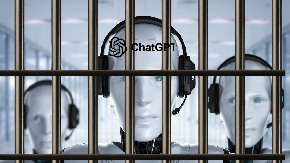 Montagem com robôs de inteligência artificial em fundo branco, atrás das grades