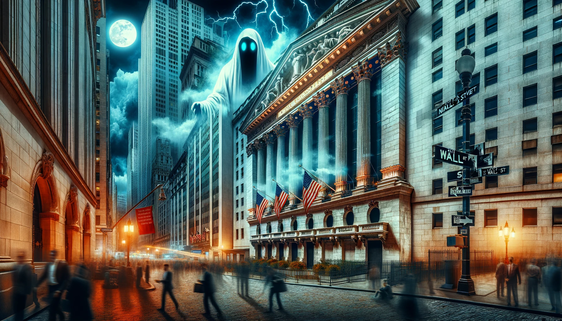 Imagem de Wall Street assombrada por um fantasma. Pessoas correm pelas rua escura em meio ao caos.