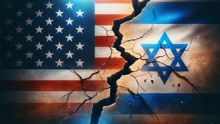 Imagem feita por inteligência artificial mostra um racha entre as bandeiras dos EUA e de Israel