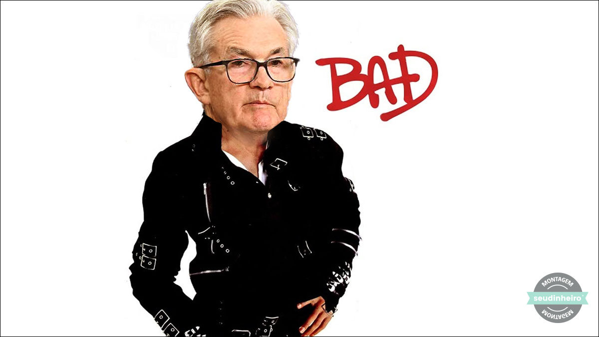 Montagem da capa de disco Bad, de Michael Jackson, com ele vestido todo de couro preto com a cabeça do presidente do BC dos EUA no lugar. O fundo da foto é branco e ao lado está escrito "Bad" em vermelho