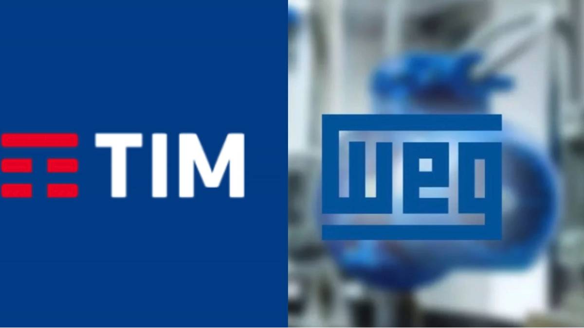 Logo da Tim em fundo azul com letras brancas ao lado do logo da Weg, com letras azuis e fundo cinza