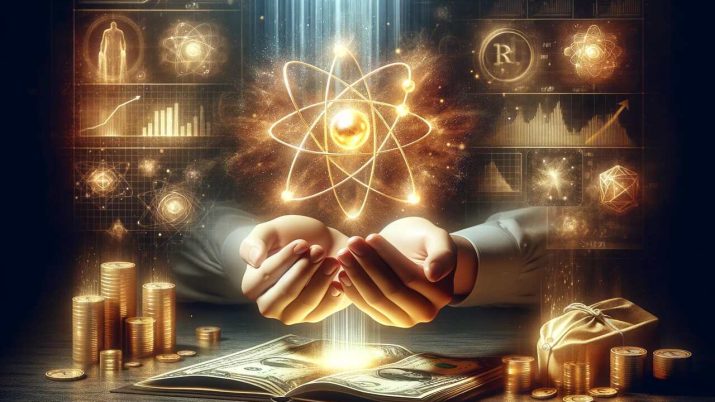 Imagem criada com IA mostra uma mão segurando um átomo no centro, com elementos financeiros no fundo