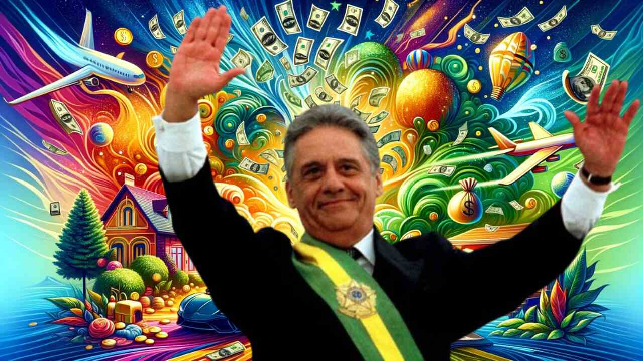 Imagem feita com ajuda de IA mostra o presidente FHC com fundo que remete a dinheiro e investimentos