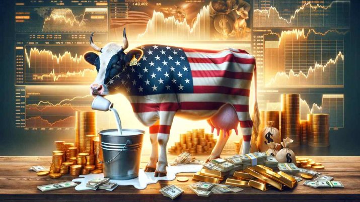 Imagem feita com IA mostra uma vaca leiteira com o símbolo dos Estados Unidos, envolta em símbolos de riqueza e dinheiro.