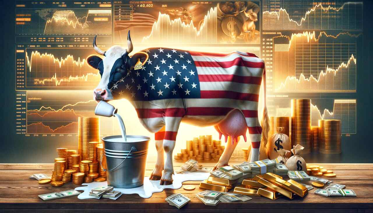 Imagem feita com IA mostra uma vaca leiteira com o símbolo dos Estados Unidos, envolta em símbolos de riqueza e dinheiro.