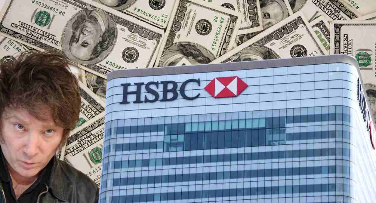 Javier Milei, presidente da Argentina, ao lado de uma unidade do banco HSBC