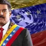 Nicolás Maduro, presidente da Venezuela, com uma bandeira do país atrás e uma gota de petróleo