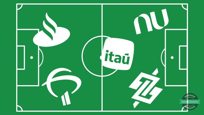 Campo de futebol com logos dos maiores bancos brasileiros