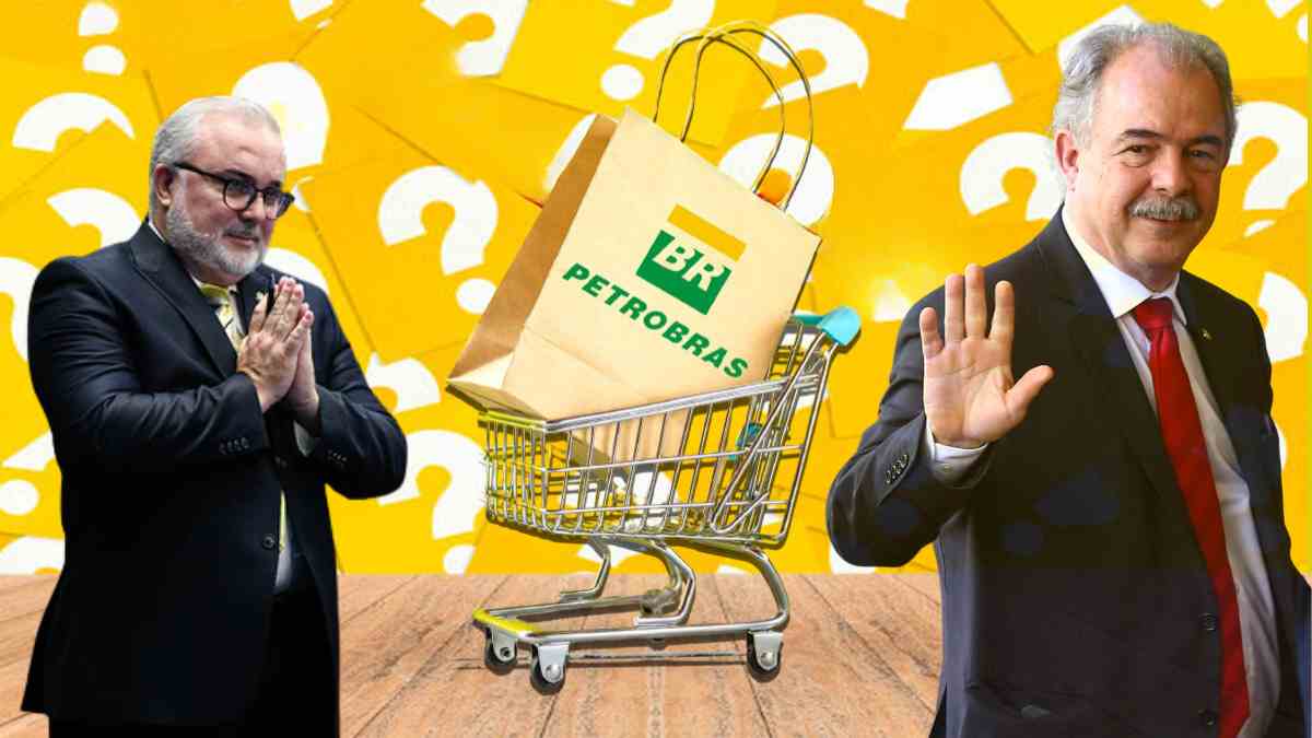 Jean Paul Prates, atual CEO da Petrobras, à esquerda; carrinho de compras com sacola com logo da Petrobras; Aloizio Mercadante, atual presidente do BNDES, à direita