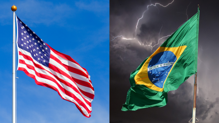 Bandeira dos EUA no céu azul e a do Brasil diante de tempestade