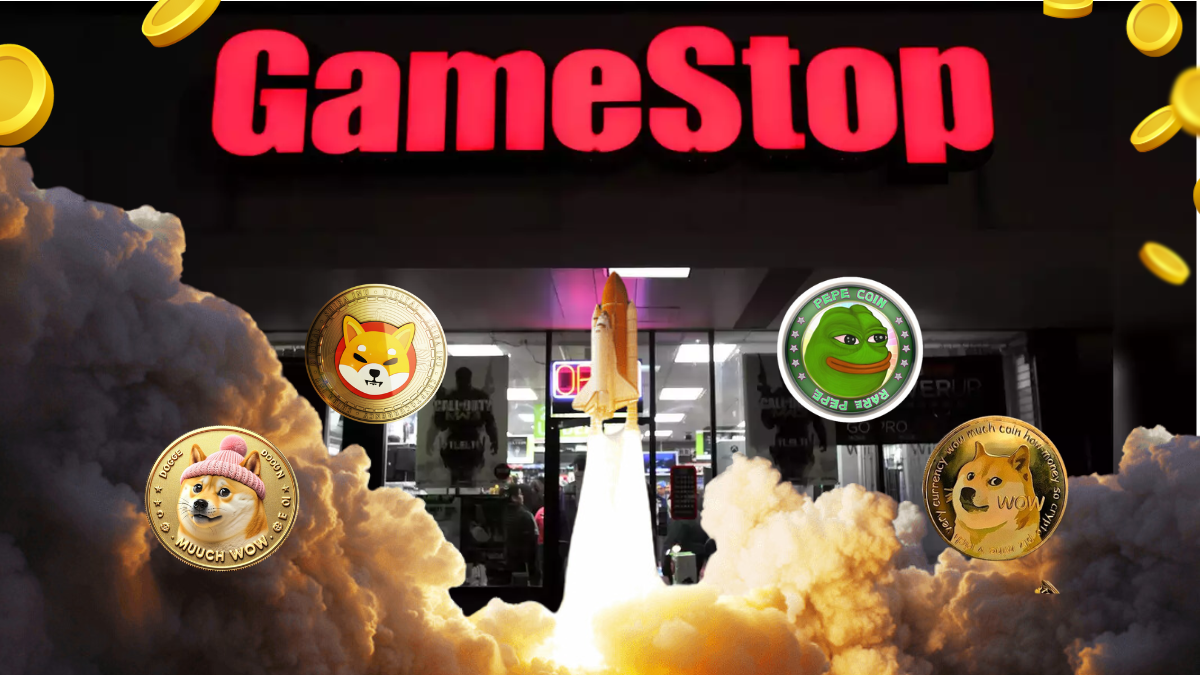 GameStop ao fundo e algumas memecoins