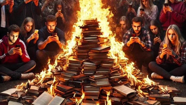 Livros queimando e jovens no celular