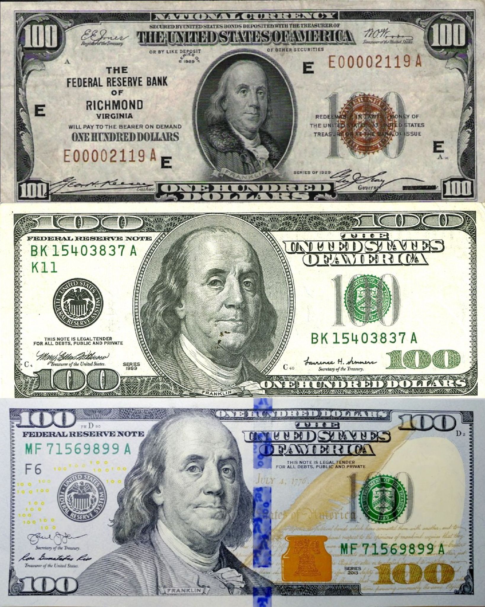 Dólar "cara pequena" de 1929; dólar "cara grande" de 1999; e "dólar azul" de 2013. 