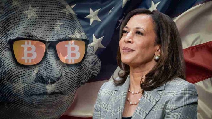 Kamala Harris, vice-presidente dos Estados Unidos e candidata à presidência dos EUA ao lado de uma imagem representando o bitcoin (BTC)