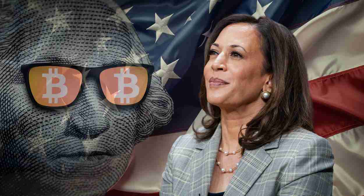 Kamala Harris, vice-presidente dos Estados Unidos e candidata à presidência dos EUA ao lado de uma imagem representando o bitcoin (BTC)