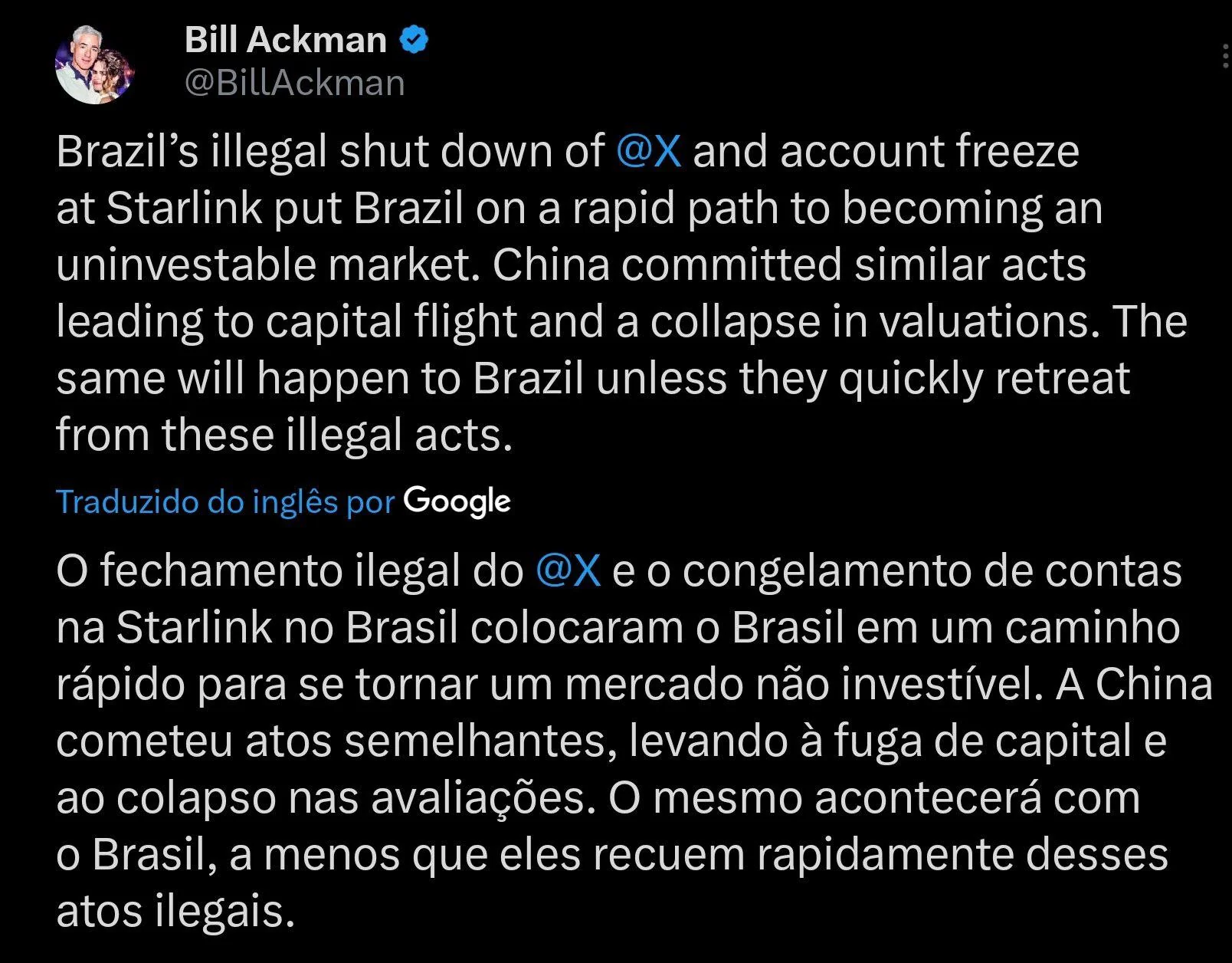 tuíte bill ackman, twitter, x, alexandre de moraes, elon musk