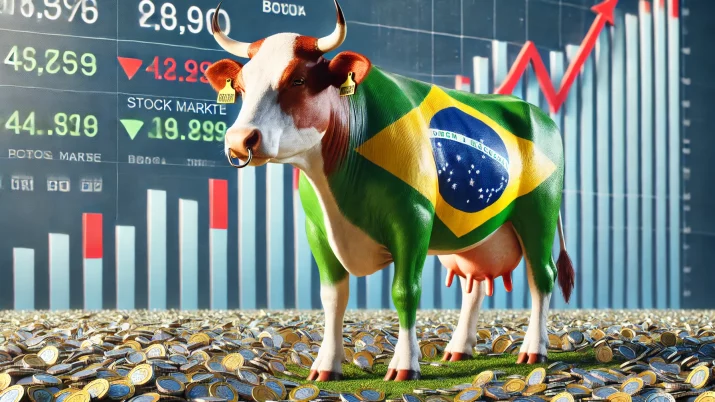 Vaca com a bandeira do Brasil, gráfico de bolsa ao fundo e chão forrado por moedas