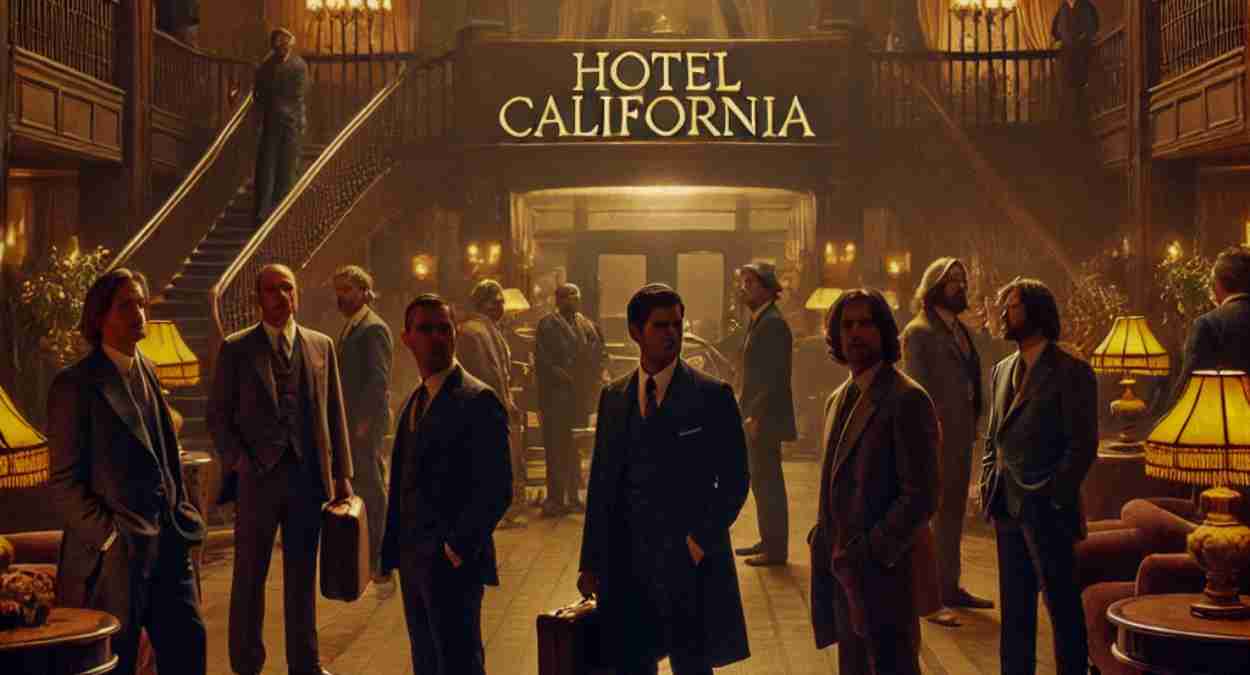 Homens de terno procuram saída do Hotel California da música do Eagles