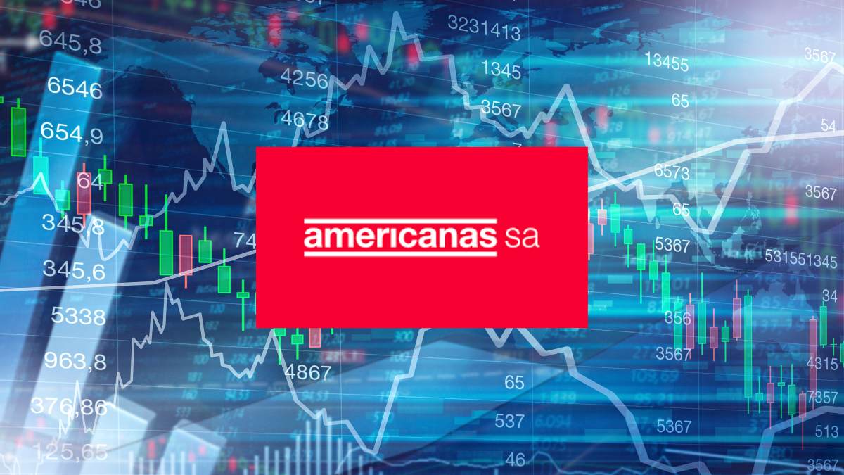 Logo da Lojas Americanas com gráfico de cotação de ações no fundo