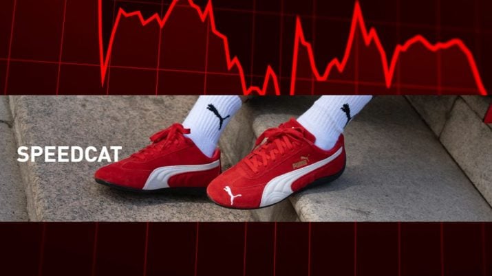 Montagem com gráfico de fundo preto e vermelho com uma foto da Puma em primeiro plano, com o modelo do tênis Speedcat.