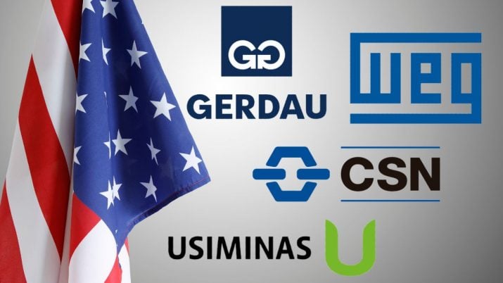 Montagem com uma bandeira dos EUA na lateral esquerda e os logos da Gerdau e da Weg em Azul e os da Usiminas e CSN em preto