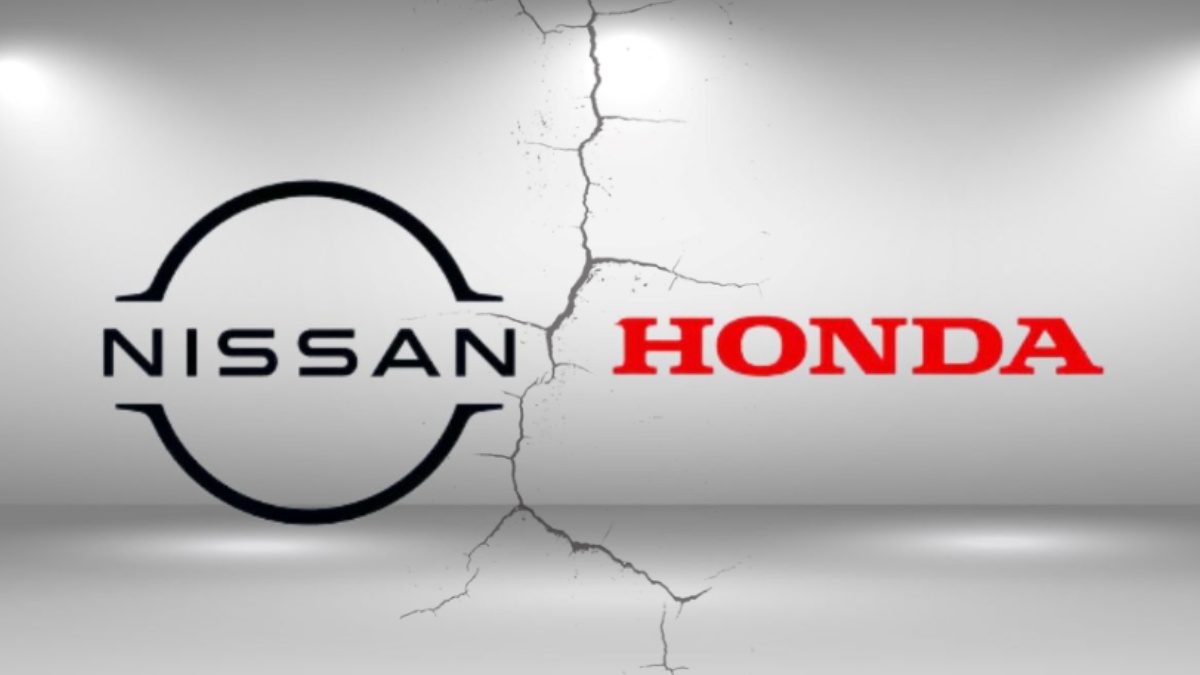 Logo da Nissan à esquerda e logo da Honda à direita com rachadura entre os dois elementos e um fundo branco