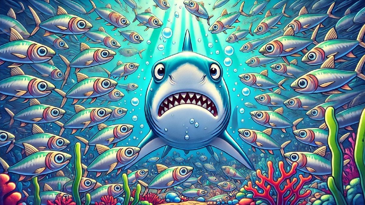 Ilustração de tubarão acuado por um cardume de sardinhas