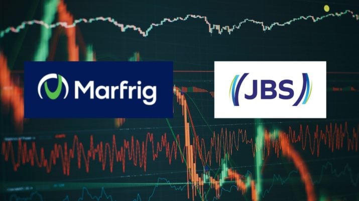 Ações de frigoríficos JBS (JBSS3) e Marfrig (MRFG3) na bolsa.