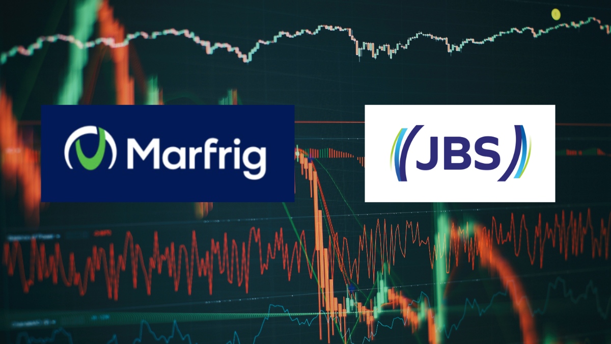 Ações de frigoríficos JBS (JBSS3) e Marfrig (MRFG3) na bolsa.