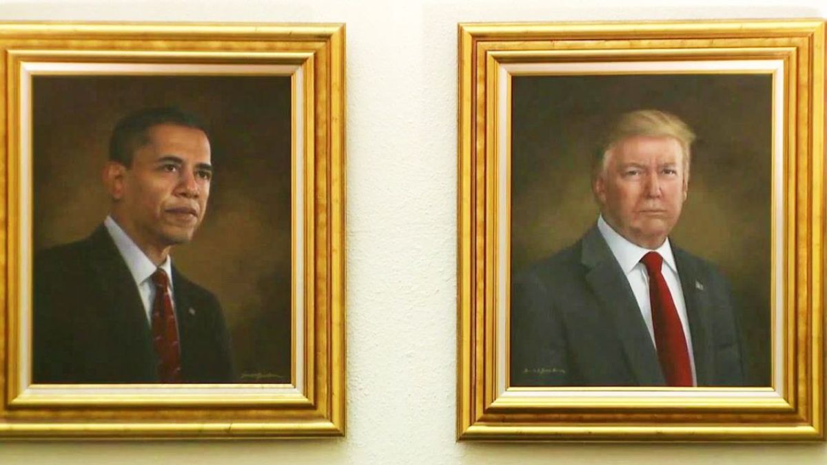 Retrato do ex-presidente dos EUA Barack Obama e do atual presidente Donald Trump