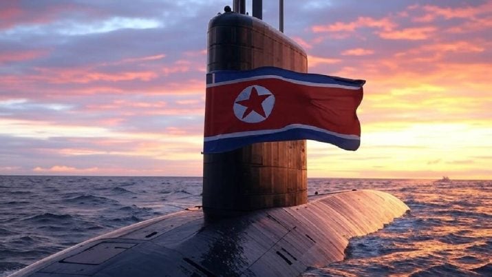 Imagem criada por inteligência artificial mostra um submarino no mar, com a bandeira da Coreia do Norte