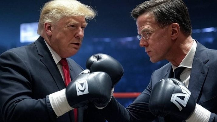 Imagem criada por inteligência artificial mostra Donald Trump no canto esquerdo de um ringue, com luvas de boxe. Do lado direito está Mark Rutte, presidente da Otan. Ambos usam ternos pretos e luvas de boxe pretas.