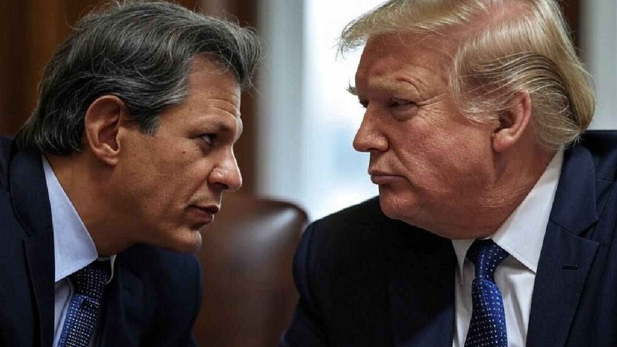 Imagem criada por inteligência artificial do ministro Fernando Haddad, que usa terno azul marinho, encarando Donald Trump, que também veste terno azul marinho