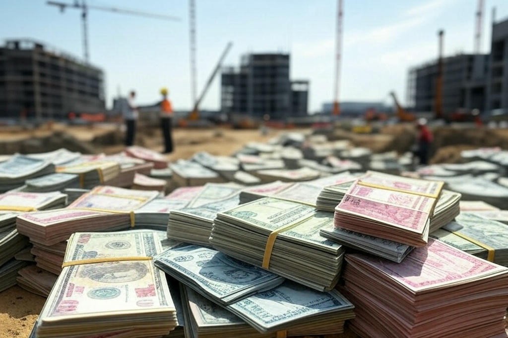 Dinheiro se acumula a frente de um canteiro de obra de construção