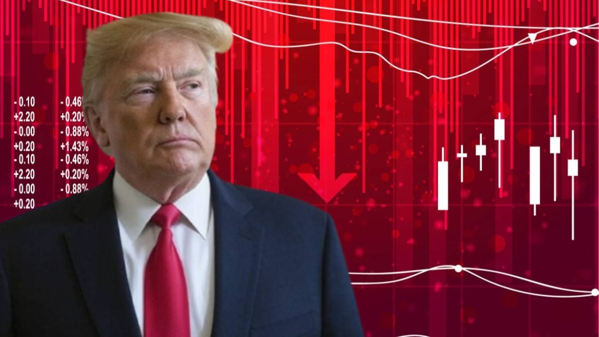 Imagem de Donald Trump com gráfico vermelho indicando queda ao fundo.