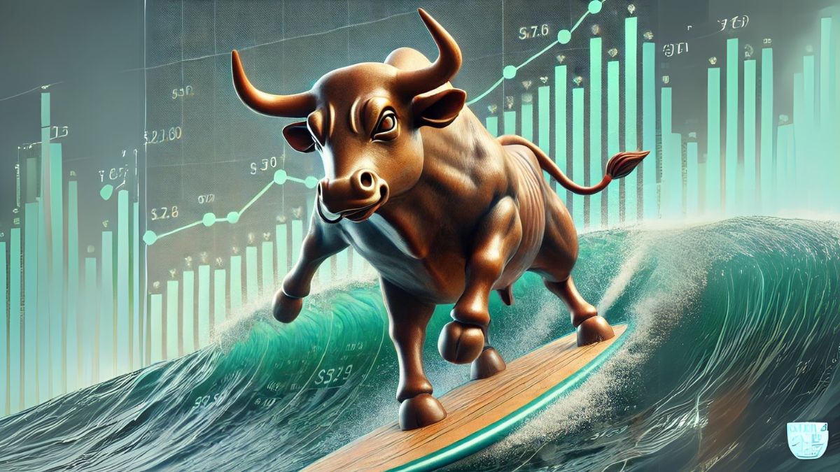Touro da bolsa de valores surfando