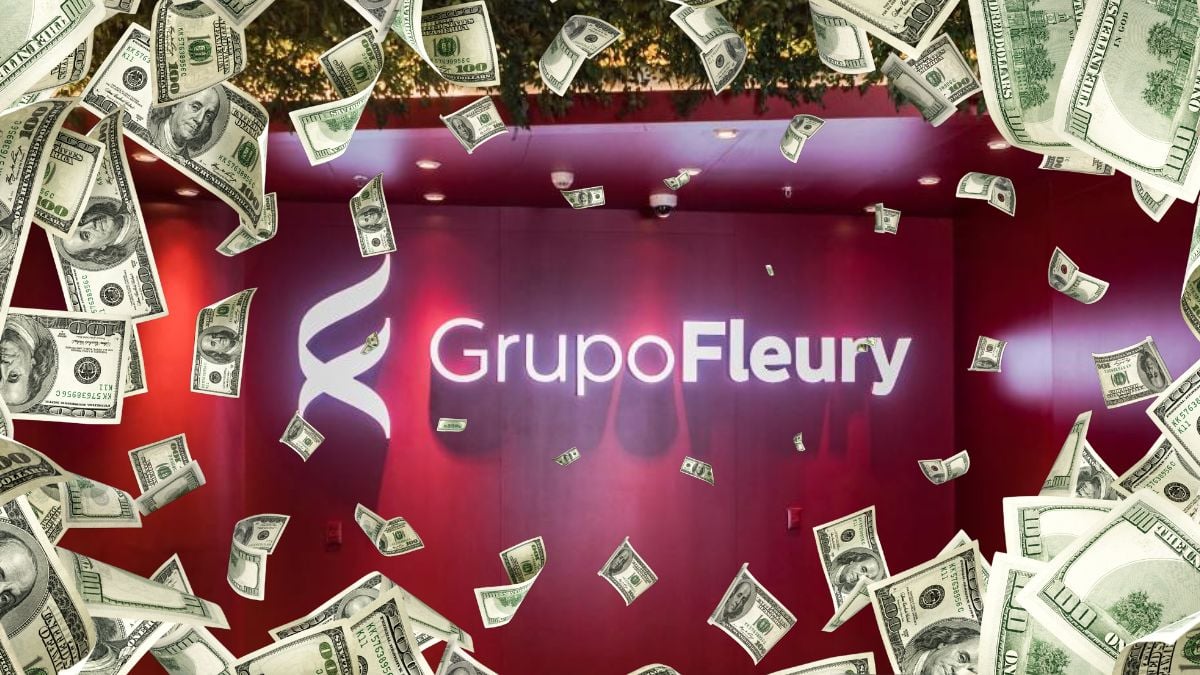 Logo do Grupo Fleury em montagem com notas de dólares caindo aos montes
