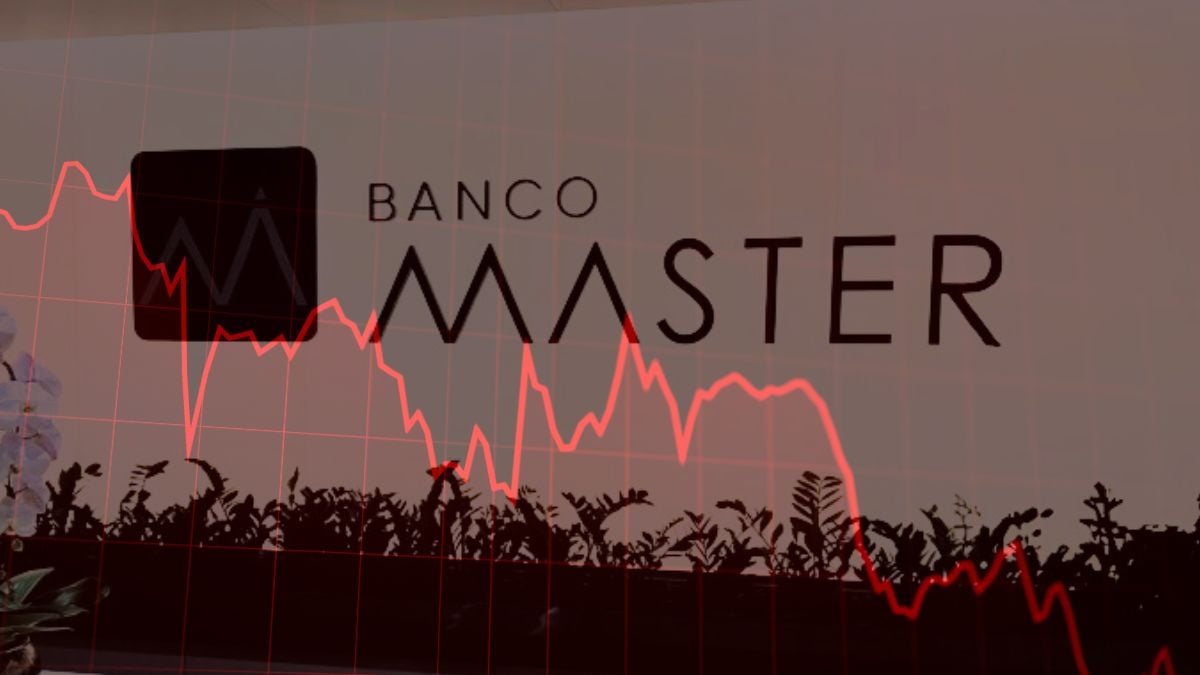 Escritório do Banco Master em uma montagem com um gráfico vermelho em primeiro plano